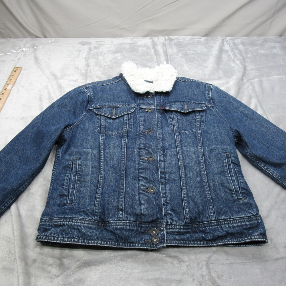 Levis Denim Jacket Womens Large Dark Wash Pockets Sherpa Heavy Classic Trucker